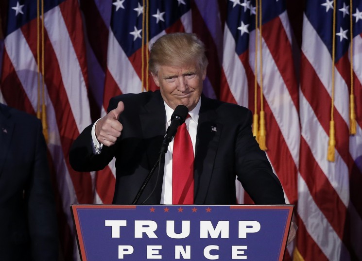U.S. President-elect Donald Trump greets supporters during his election night rally in Manhattan, New York, U.S., November 9, 2016.   REUTERS/Mike Segar - RTX2SPMR